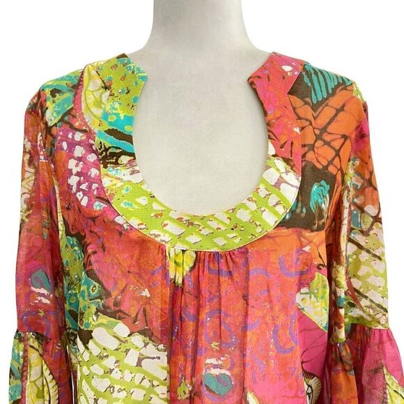 Trina Turk Sz 10 Medium Multicolor 3/4 Sleeve Mini Dress Cover-Up Lightweight* - Picture 2 of 14